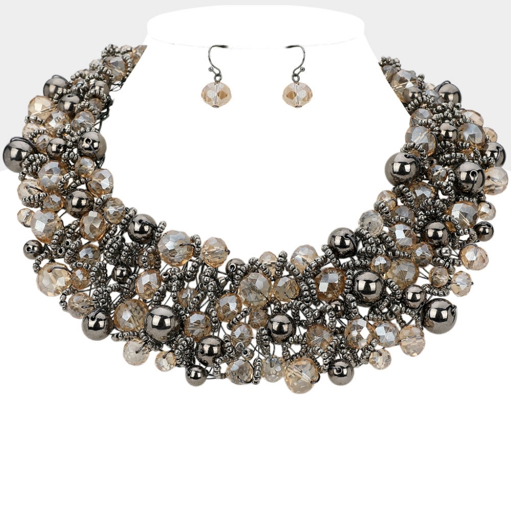 Charcoal Metal Ball Crystal Cluster Beads Necklace Set Wire Chunky Jewelry